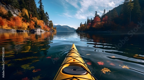 A serene kayaking expedition through calm waters, surrounded by vibrant autumn foliage © Visual Aurora