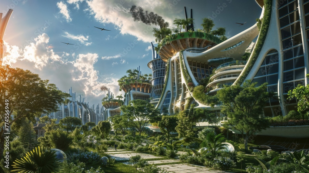 Futuristic cityscape with green architecture, lush gardens, and advanced technology in the organic buildings under a bright sky.