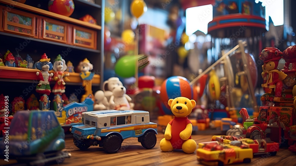 A vibrant toy store display featuring a variety of games, dolls, and playsets