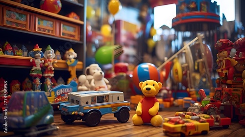 A vibrant toy store display featuring a variety of games, dolls, and playsets photo