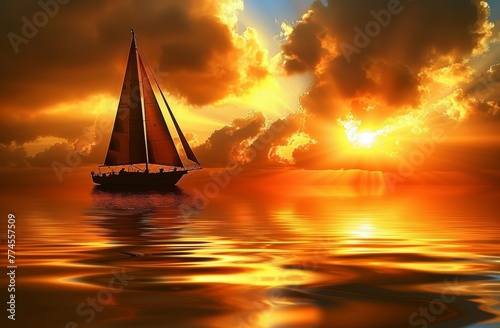 Sailboat Drifting on Water at Sunset