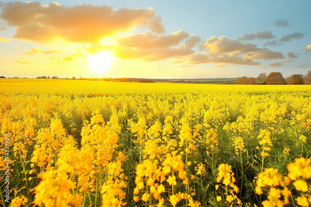 Obraz premium Field of Yellow Flowers With Sun in Background