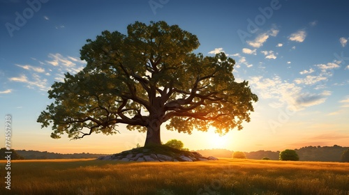 Majestic oak tree standing tall in a golden sunset, casting long shadows on a serene meadow. Ai Generated