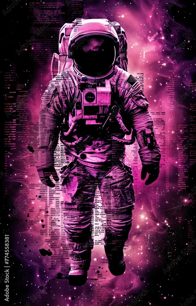 Fototapeta premium modern and vibrant space-themed design incorporates an astronaut and a color palette in purple and magenta against a dark background