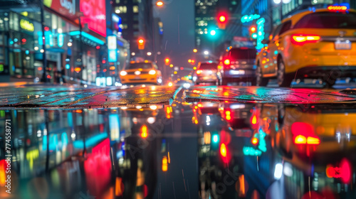A bustling urban intersection at night with the city lights and car headlights reflecting off the surface of a puddle creating a dazzling . .