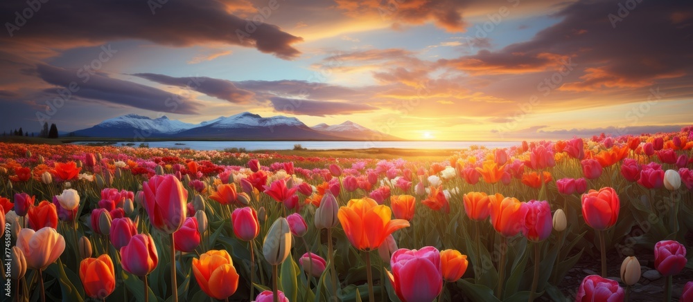 Vibrant tulip flowers basking in the warm glow of the setting sun in a picturesque field