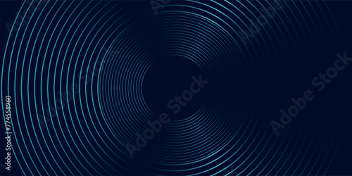 Futuristic abstract dark blue horizontal banner background. Glowing blue circle lines design. vector ilustration