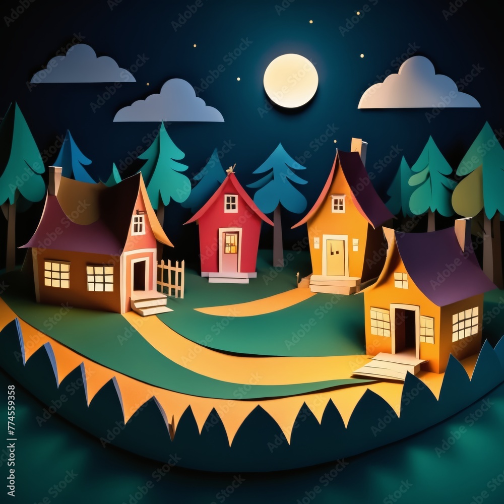 A paper-cut style illustration of a small village at night. The village is situated on a hill with a winding path leading up to it. The sky is a dark blue with a few clouds and a bright full moon. The