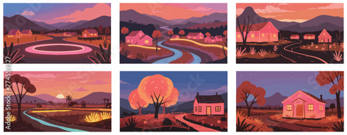 Indonesian rural or suburbs landscape. Flat illustration.