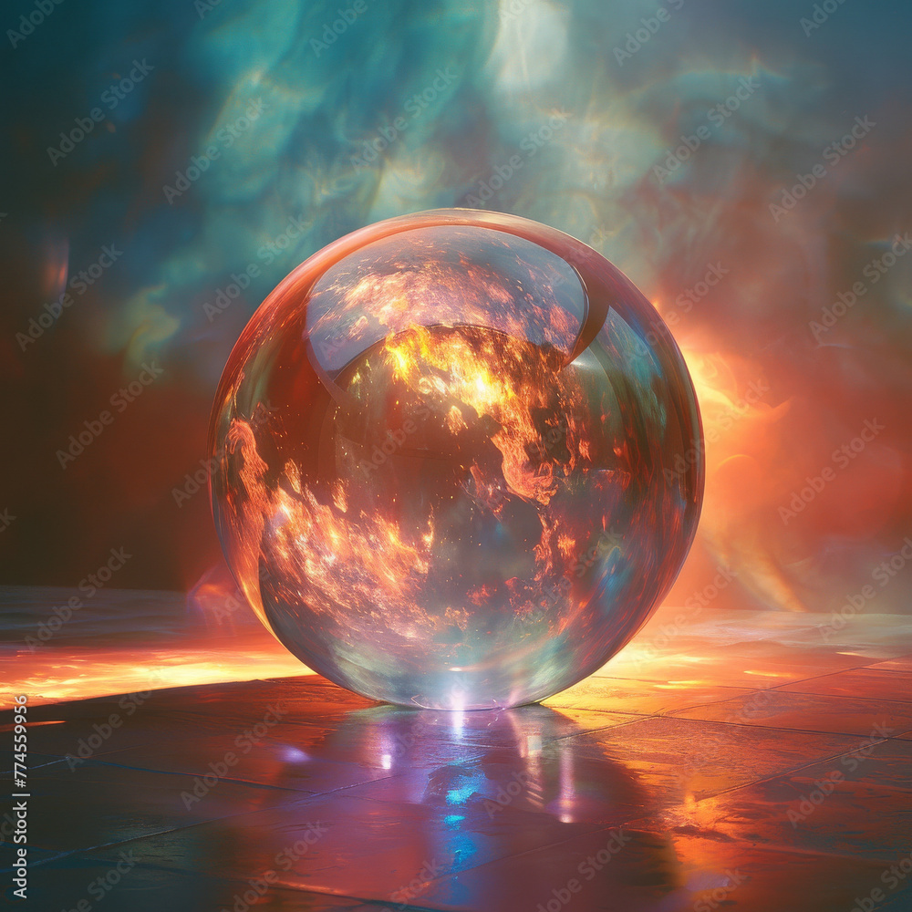 Iridescent Orb on a Reflective Surface Under a Turbulent Cosmic Sky Iridescent Orb on a Reflective Surface Under a Turbulent Cosmic Sky