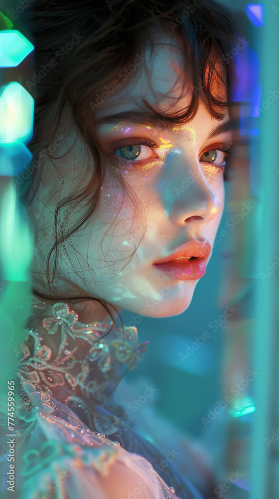 Portrait of a Young Woman with Iridescent Makeup and Neon Glows