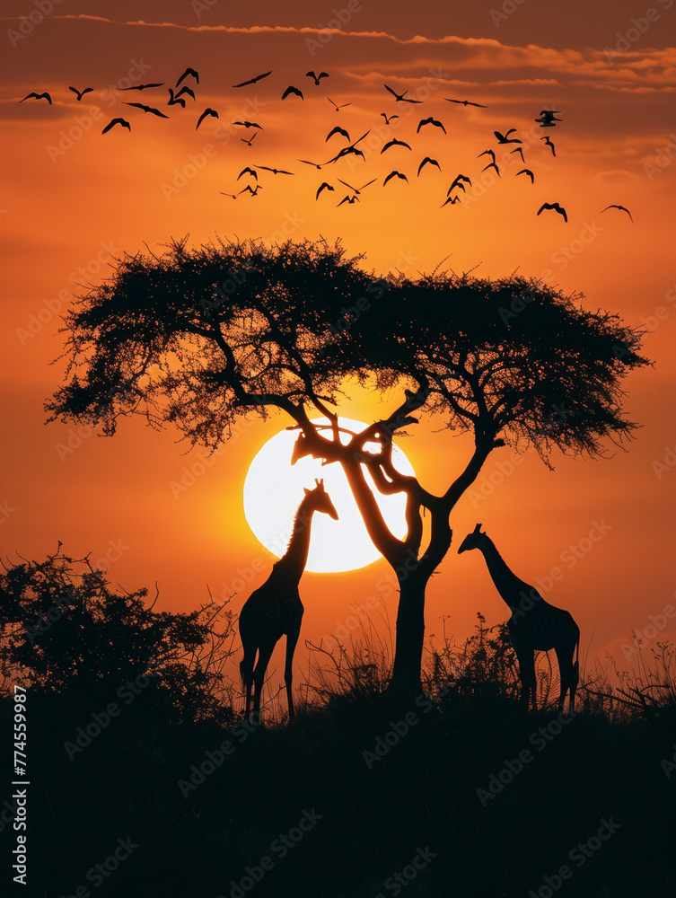 Silhouetted Giraffes and Birds at Sunrise Beneath an Acacia Tree in Savanna