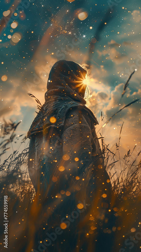 Celestial Guardian, shining armor, ancient warrior standing amidst a field of galaxies, protecting the cosmos Photography, golden hour, lens flare