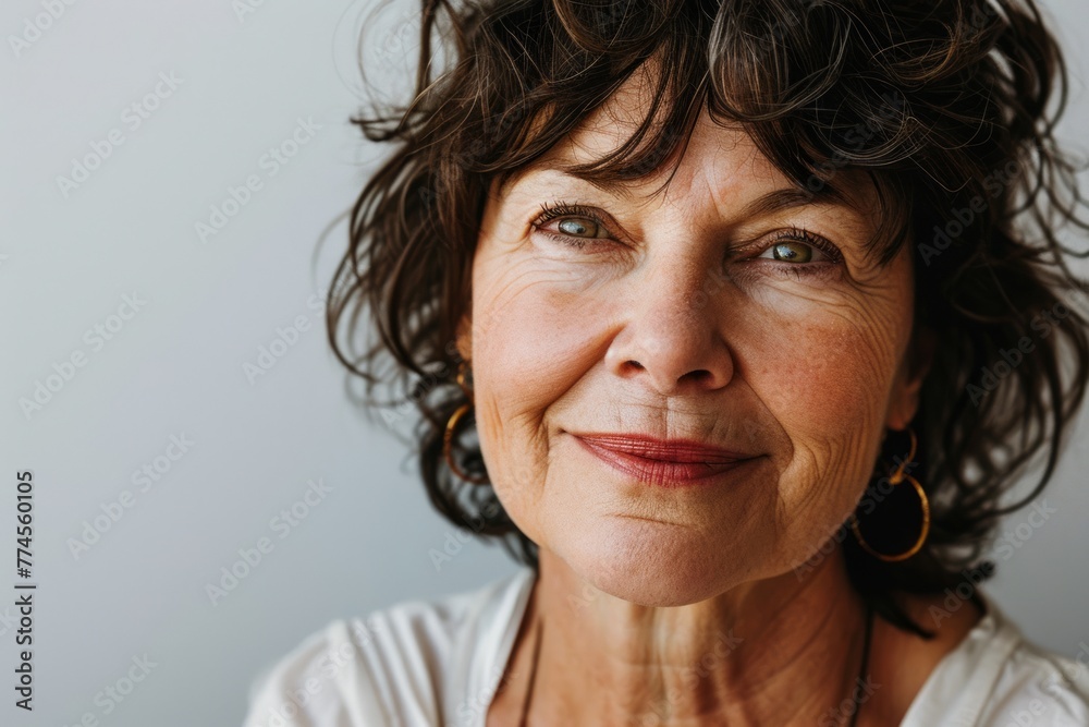 Portrait of smiling senior woman with curly hair, studio shot. Portrait of smiling senior woman with curly hair, studio shot.
