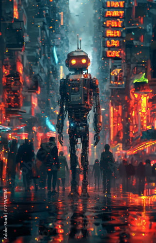 Robotic figure wandering in a crowded neon city, a glimpse into the intersection of humanity and AI © AR196