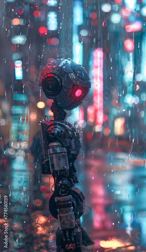 Futuristic robot in reflective rain, lost in thought amidst the neon buzz of a cyberpunk cityscape