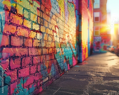 Random street art graffiti  photorealistic image  vibrant colors under natural sunlight  3DCG clean sharp focus