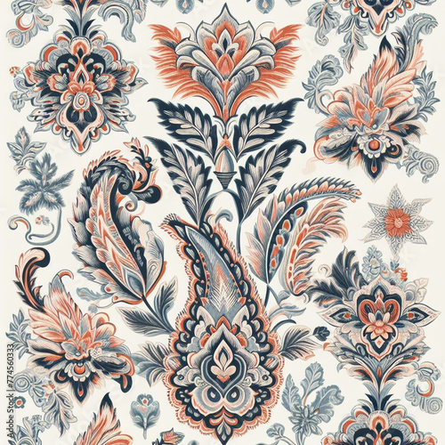 Beautiful floral damask fabric seamless pattern of hand drawn flowers with decorative dark vintage with colorful wallpaper background
