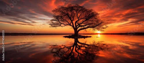 A lone tree with green leaves beautifully reflected in calm water during the golden hues of sunset