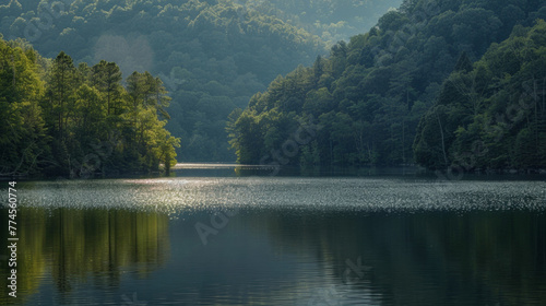 A shimmering lake reflecting the moons light surrounded by thick trees and a rugged mountainside. . .