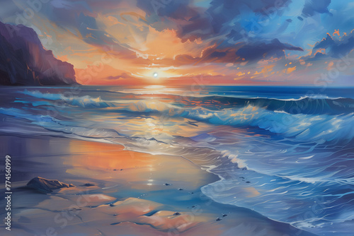 Oil painting of vibrant sunset illuminates waves, reflecting colors on the beach, creating a serene atmosphere