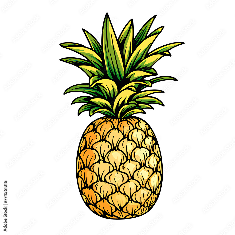 Pineapple, simple line art with color, isolated, no background Pineapple, simple line art with color, isolated, no background