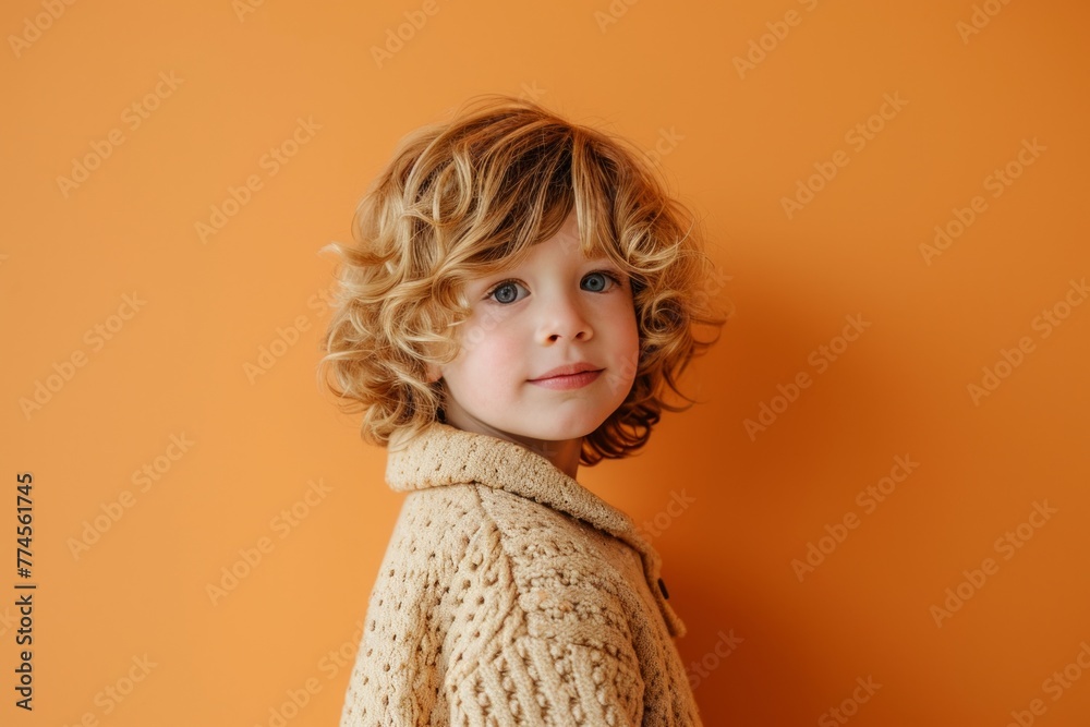Portrait of a cute little boy with curly hair on an orange background Portrait of a cute little boy with curly hair on an orange background