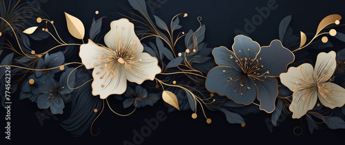 3d Abstract luxury gold pink orchid flower on dark navy blue background. Horizontal banner template. Suit for cover, header, wallpaper, banner, poster, backdrop photo