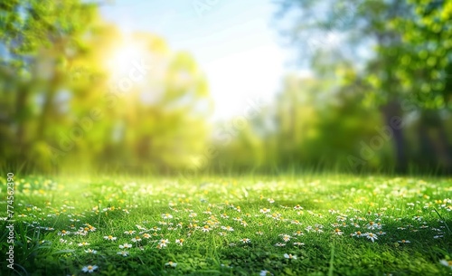 Beautiful blurred spring background with blooming chamomile, trees, and a sunny blue sky, capturing the essence of nature's beauty in a glance. Made with generative AI technology.