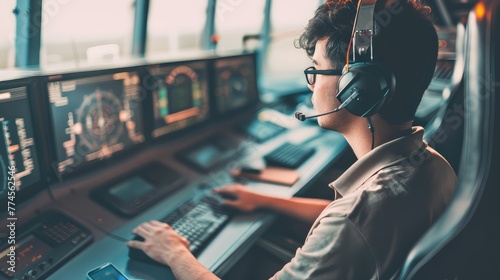 A skilled male air traffic controller managing flights in a control tower. photo