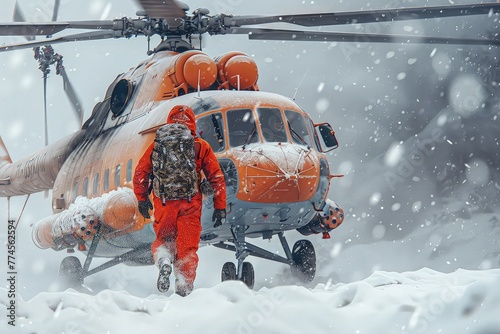 Search and rescue work in the mountains. A man in a red suit against the background of a red rescue helicopter. Chasing hope through trees. © Stavros's son