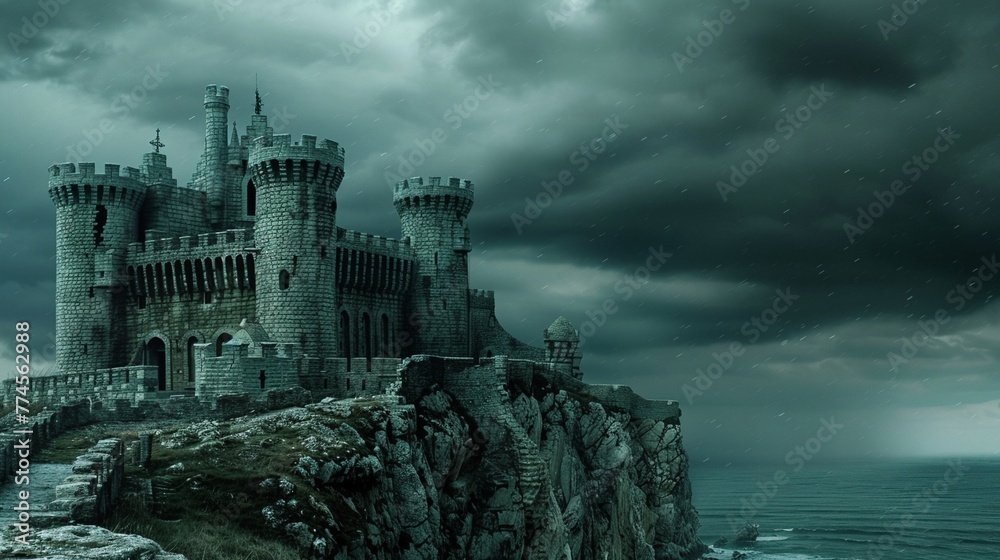 Dragonguarded castle on cliff, stormy skies, medium shot, fortress of legend