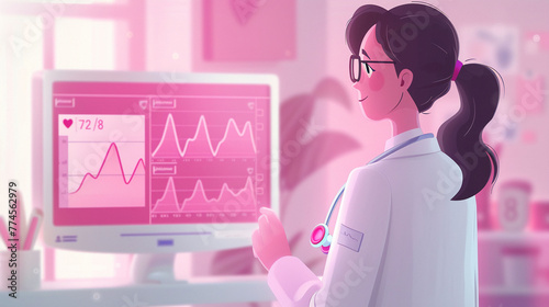 Digital health monitoring station, soft pink hues, overtheshoulder shot photo