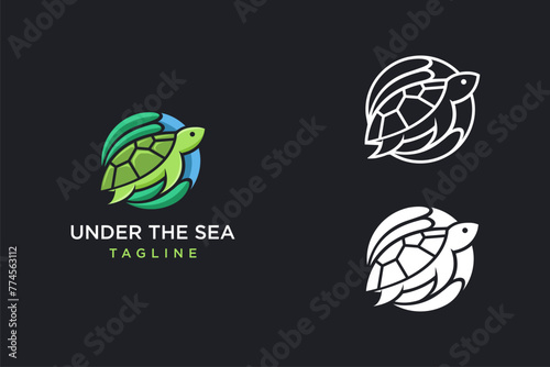 Turtle and coral reef logo vector, sea life logo icon vector template on dark background
