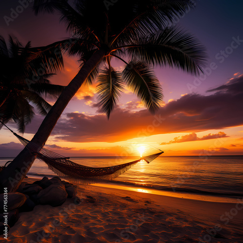 A serene beach sunset with palm trees and a hammock