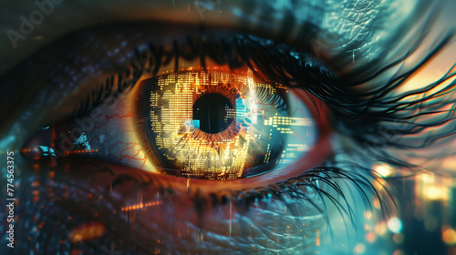 Eye examination, scanning the iris and pupil of the eye for biometric data of reincarnations and past lives. Science, futuristic technology with artificial intelligence and beliefs. Maco image.