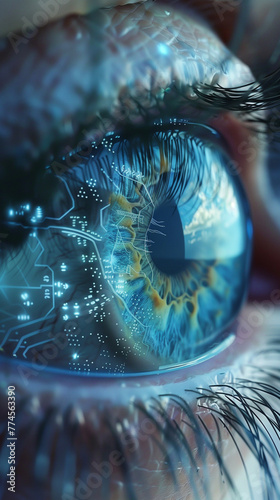 Close-up of a blye eye with yellow iris texture and the reflection of lights and artificial intelligence technology circuits. Technological digital learning. photo