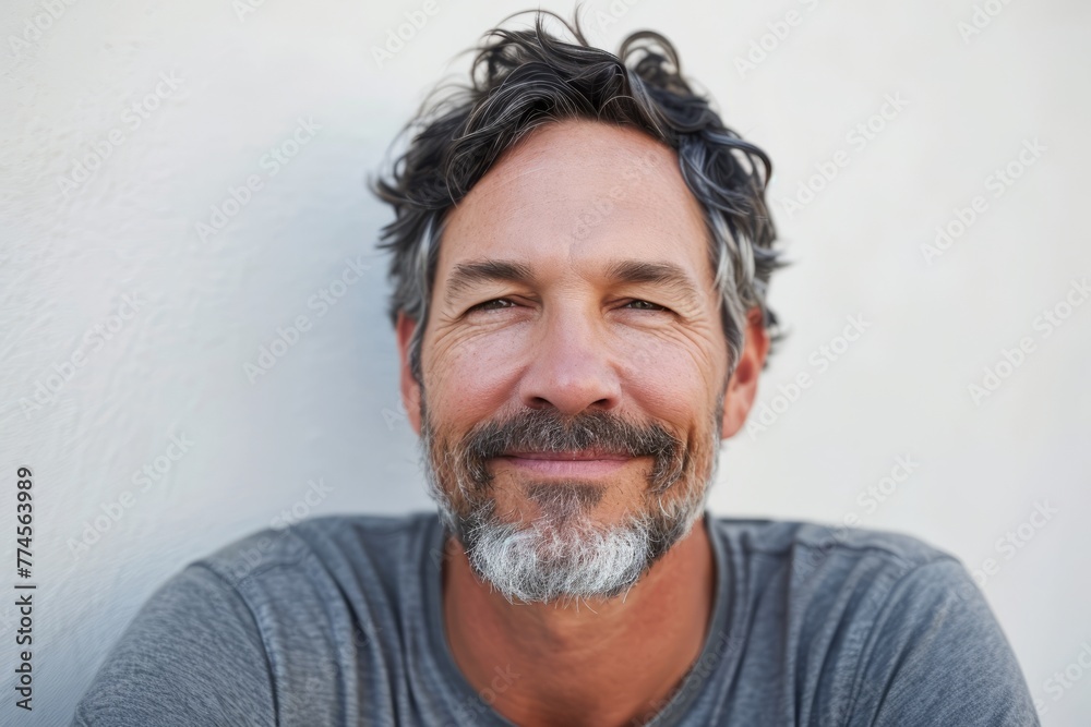 Close up portrait of a handsome man with grey beard and mustache smiling Close up portrait of a handsome man with grey beard and mustache smiling