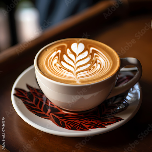 Close-up of a coffee cup with latte art. 