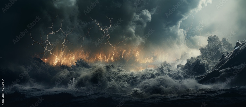 Dark storm clouds over a rough sea, with bolts of lightning flashing in the sky, creating an intense and dramatic atmosphere