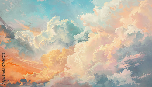 A dreamy cloudscape painted in pastel colors, evoking the light-hearted vibe of a dancehall festival with the sky transitioning from baby pink to light blue photo