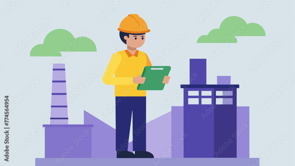 A factory employee wearing a hard hat and holding a clipboard performing an environmental audit and ensuring that all procedures and operations A factory employee wearing a hard hat and holding a clipboard performing an environmental audit and ensuring that all procedures and operations