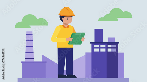 A factory employee wearing a hard hat and holding a clipboard performing an environmental audit and ensuring that all procedures and operations