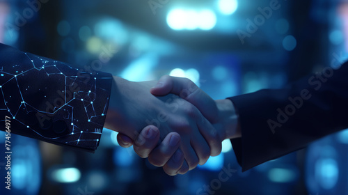 Two businessmen in suits shaking hands on blurred background, bokeh lights, computer-aided manufacturing, dark gray, teal blue colors. Technological futuristic handshake in digital environment.