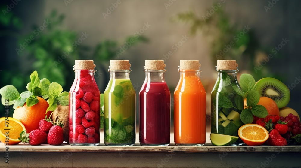 Bottles of fresh fruit and vegetable juices. Detox diet. Bottles of fresh fruit and vegetable juices. Detox diet.
