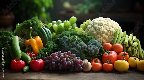 Composition with variety of organic food on wooden table  on dark background