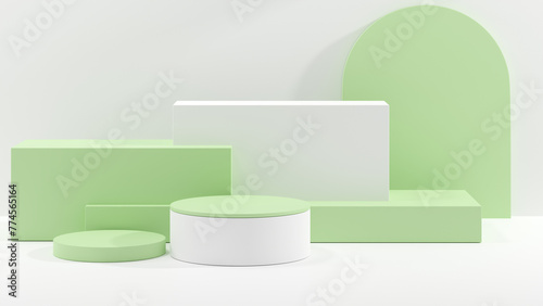 3D rendering abstract white and green shape podium Perfect platforms for showing your beauty products on white background