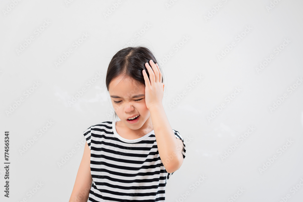 Cute child girl tired having headache, Cute child girl tired having headache,