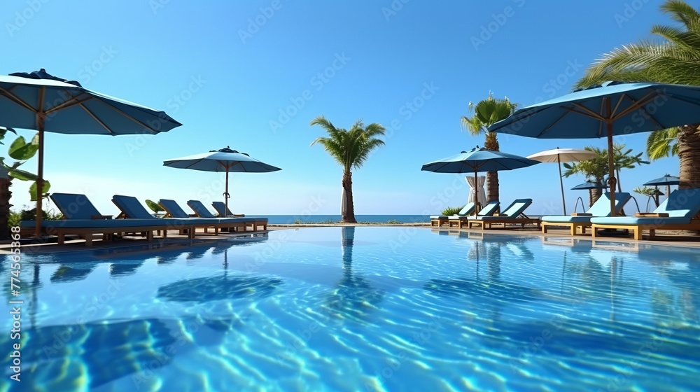 Swimming pool with sunbeds and umbrellas.