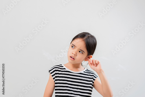 cute little girl isolated on white background close ears